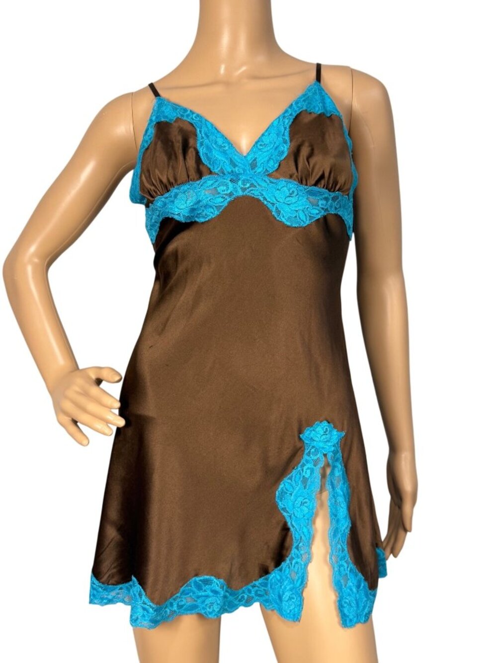 Y2K Mary Green Brown Silk Chemise With Blue Lace Trim Adjustable Straps Small